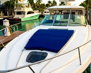 Custom marine cushion cover installed on a boat bow
