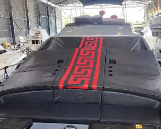 Custom marine canvas top with logo detail by Villegas Brothers