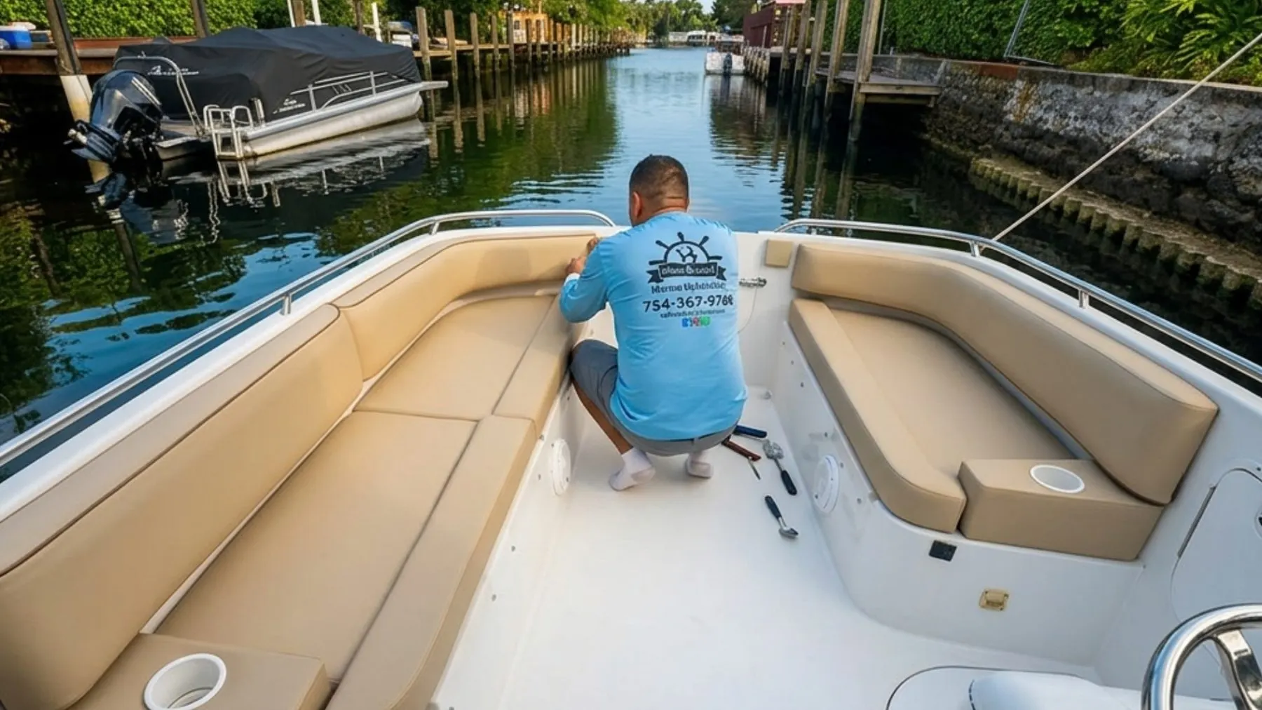 Villegas Brothers technician installing custom marine upholstery